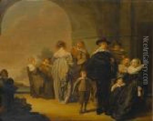An Elegant Company On A Terrace, An Arch Opening To A Landscape Beyond Oil Painting - Pieter Codde