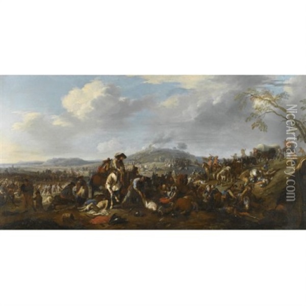 An Extensive Landscape With The Aftermath Of A Battle Oil Painting - Jacques Courtois