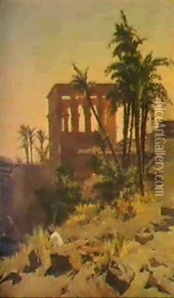 Agyptische Landschaft Mit Kleinem Tempel. Oil Painting - Charles Edouard du Bois