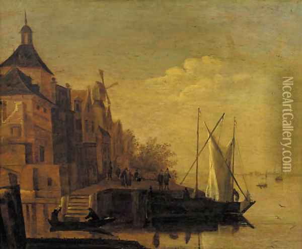 A town by a river with sailing vessels moored at a quay, at dusk Oil Painting - Jacob Adriaensz. Bellevois