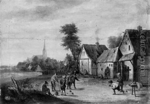 Boors Playing At Skittle On A Yard, A Village Beyond Oil Painting - Thomas Van Apshoven
