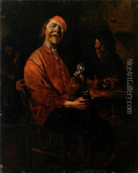 Two Peasants Drinking And Smoking At A Table In A Tavern, Another Figure With A Staff In The Background Oil Painting - Abraham Diepraam