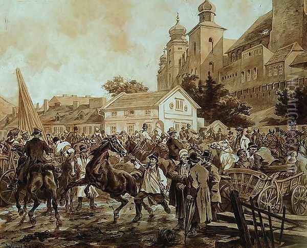 Horse Market near Wawel Royal Castle, Cracow Oil Painting - Juliusz Kossak