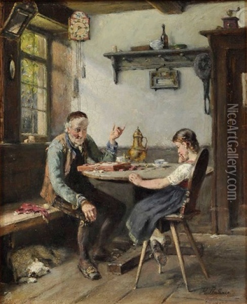 Eine Partie Dambrett (grosvater Und Enkelin, Dame Spielend) Oil Painting - Hermann Plathner