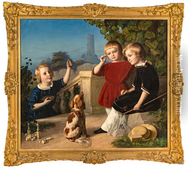 Drei Kinder Auf Einer Terrasse Vor Turmruine Oil Painting - Karl Wilhelm Streckfuss