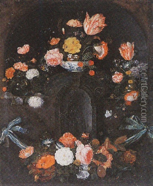 A Cartouche Surrounded By A Flower Garland With Tulips, Roses And Other Flowers Oil Painting - David Cornelisz Heem III
