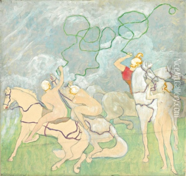 Symbolistische Szene: Reitende Nymphen In Pastelltonen Oil Painting - Gertrude Hozatko-Mediz