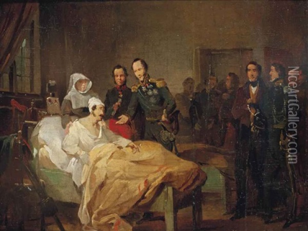Crown Prince Willem Of The Netherlands Visiting The Wounded At A Military Hospital Oil Painting - Nicaise de Keyser