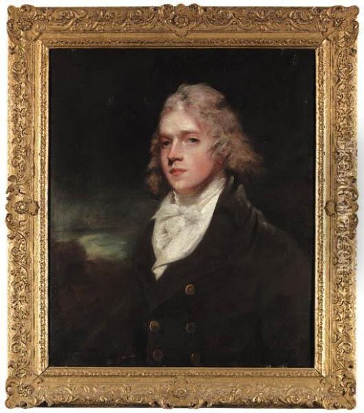Portrait Of A Gentleman, Half-length, In A Black Coat And Whiteshirt, In A Landscape Oil Painting - John Hoppner