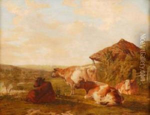 Cattle By A River With Barn Beyond Oil Painting - John Dearman Birchall