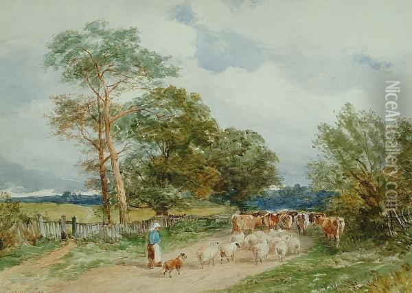 A Lane At Oadby Near Leicester Oil Painting - David Bates