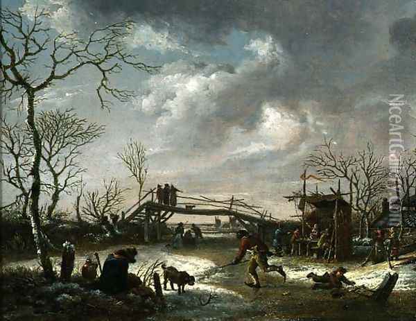 Peasants on a Frozen River Oil Painting - Andries Vermeulen