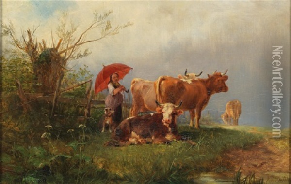 The Red Umbrella Oil Painting - Anton Braith