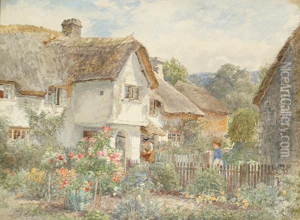 Women Tending A Garden Before A Country Cottage Oil Painting - Frederick B. Kerr