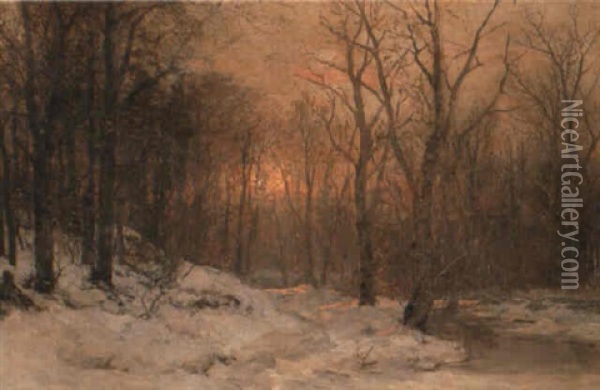 A Winter Woodland At Sunset Oil Painting - Anders Andersen-Lundby