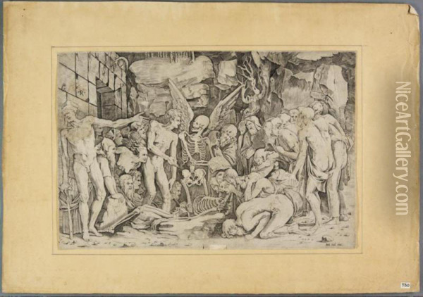 The Skeletons (bartsch 425; Davis 22) Oil Painting - Marco Dente Da Ravenna