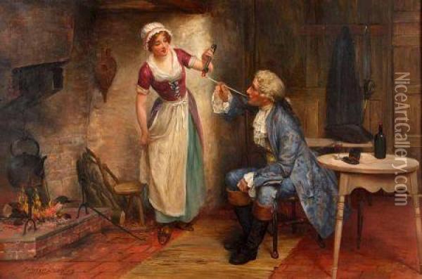 Interior Scene Of Young Maid Lighting Her Master's Pipe Oil Painting - Delapoer Downing