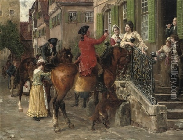 Der Satteltrunk: A Merry Toast On Arrival Oil Painting - Wilhelm Karl Raeuber