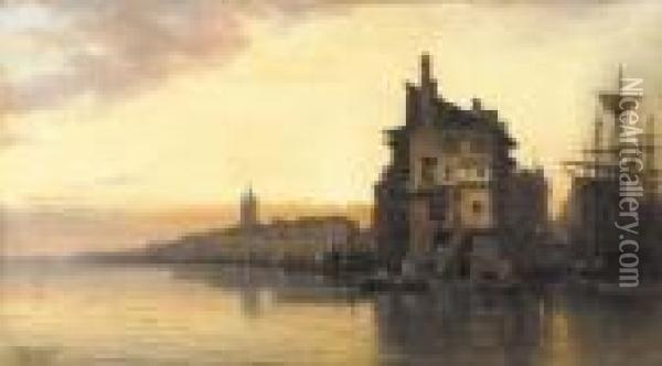 Sunset Over The Harbor Oil Painting - Charles Euphrasie Kuwasseg