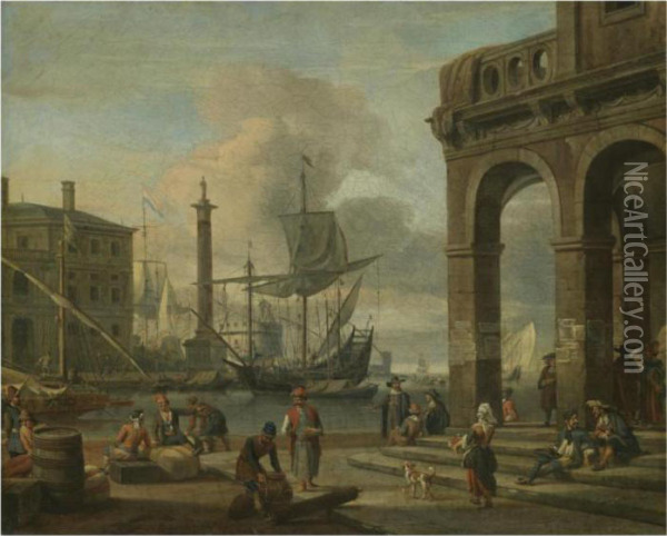 A Mediterranean Harbour Capriccio With Figures Unloading Cargo Inthe Foreground Oil Painting - Abraham Storck