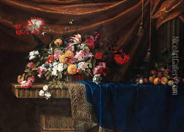Tulips, roses, lilies, carnations, morning glory and other flowers in a basket, plums on a branch with a snail and peaches on blue velvet Oil Painting - Jean Picart