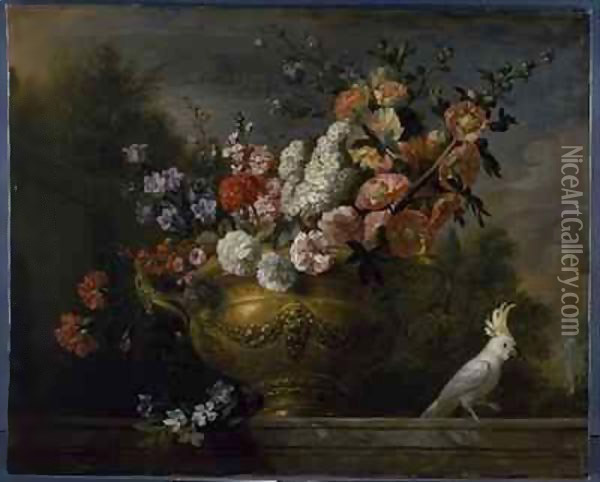 Still life with flowers in an urn, with a cockatoo, on a ledge Oil Painting - Giovanni Boggi