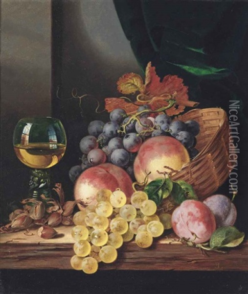 Grapes And Peaches In A Wicker Basket, With Plums, Acorns And A Roemer To The Side Oil Painting - Edward Ladell