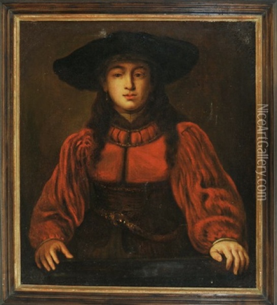 Junge Damen Im Roten Kleid Mit Grosem Hut (after Rembrandt) Oil Painting - Juergen Ovens