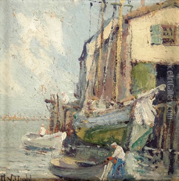 Provincetown Dock Scenes (a Pair) Oil Painting - Arthur Vidal Diehl
