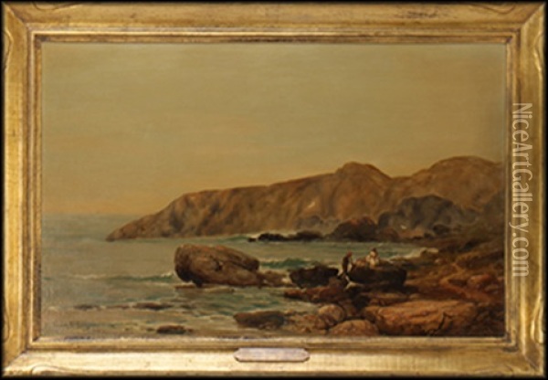 Figures Picnicking On Rock Ledge Along A Coastline Oil Painting - Franklin Dullin Briscoe
