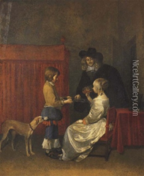 Un Couple Buvant Dans Un Interieur, Servi Par Un Page Oil Painting - Gerard ter Borch the Younger