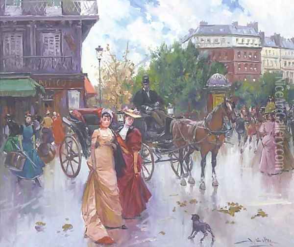 Elegant figures before a carriage in a Parisienne square Oil Painting - Joan Roig Soler