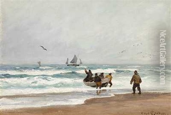 Fiskere Med Deres Robad I Strandkanten En Regnvejrsdag Oil Painting - Carl Ludvig Thilson Locher