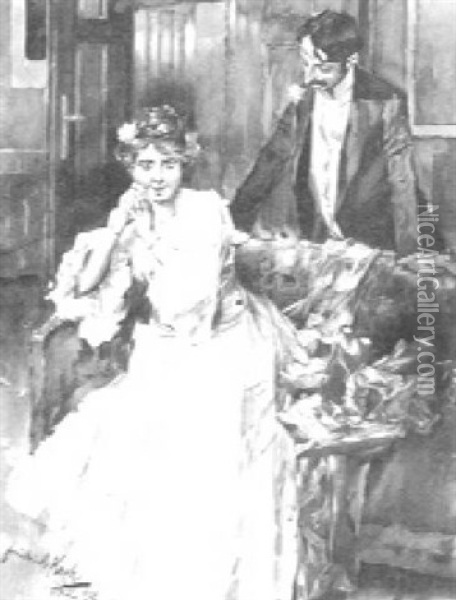 Junge Frau In Einer Sofaecke Sitzend, Hinter Ihr Stehend Ein Mann Im Frack Oil Painting - Friedrich Koch