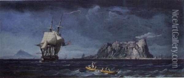 Shipping Off The Coast Of Gibraltar Oil Painting - Alexandre Jean Noel