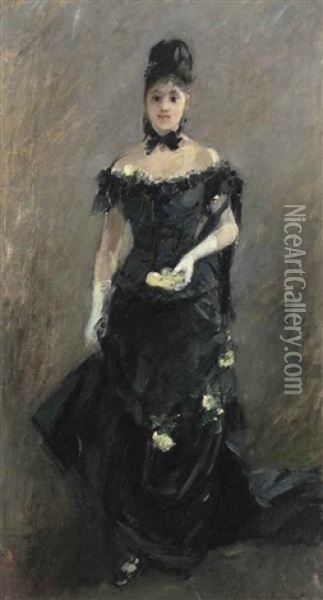 Femme En Noir Or Avant Le Theatre Oil Painting - Berthe Morisot