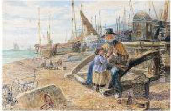 A Fisherman And A Girl On The Beach At Eastbourne Oil Painting - Samuel John Hodson