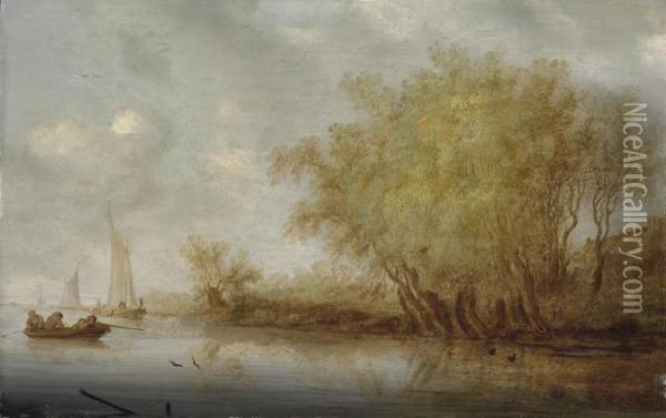 A River Landscape With Sportsmen Shooting Duck From A Boat Oil Painting - Salomon van Ruysdael