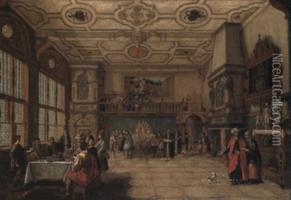 Lazarus At The Door Of A Banqueting Hall With Elegant Figures Dining Oil Painting - Nicolas de Gyselaer