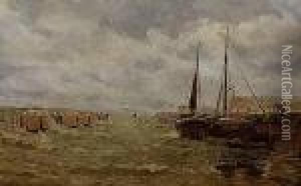 Bateaux Amarres Dans Un Port Du Nord Oil Painting - Edmond Marie Petitjean