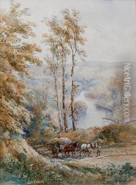 Cart Horse Team On A Country Lane Beside A River, Signed Lower Right Oil Painting - Henry Earp