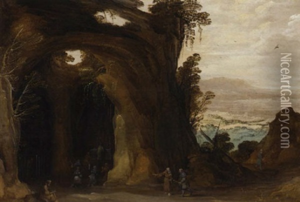 A Mountainous Landscape With Pilgrims At A Shrine In A Grotto Oil Painting - Joos de Momper the Younger