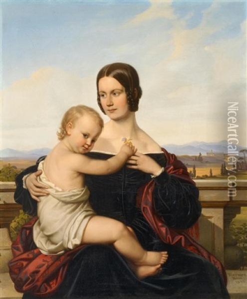Portrat Einer Jungen Mutter Mit Kind Vor Einer Weiten Italienischen Landschaft Oil Painting - Benno Friedrich Tormer