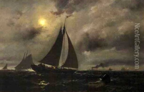 Fishing Boats Heading Out Under Moonlight Oil Painting - Franklin Dullin Briscoe
