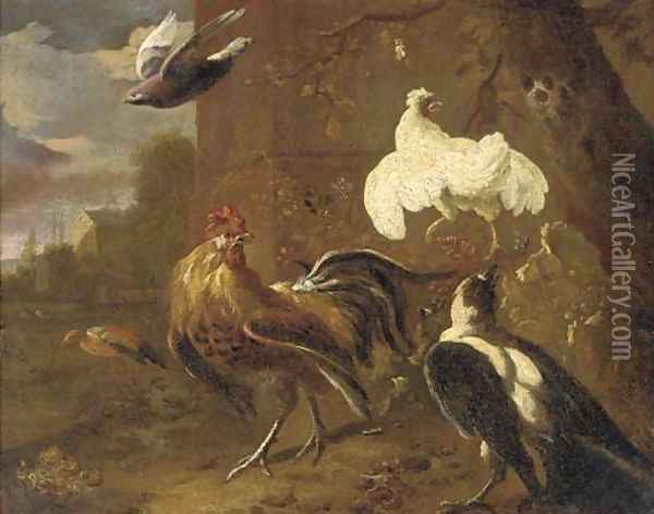 A cockerall, a chicken, a magpie and other birds by a farm building Oil Painting - Melchior de Hondecoeter