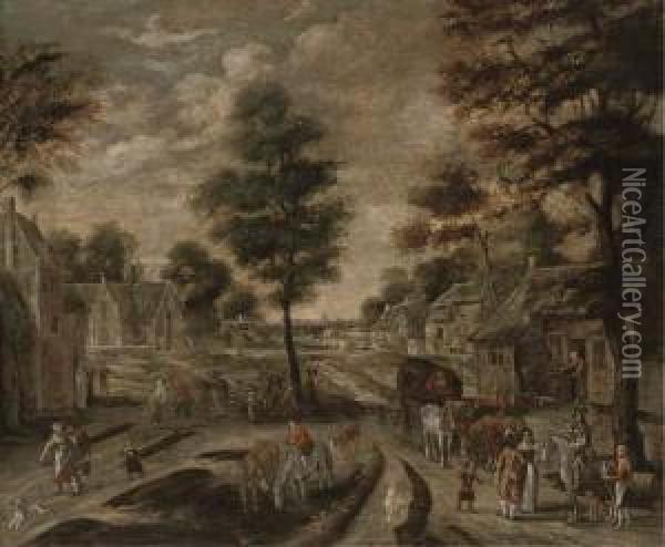 A Village Street With Peasants And Travellers Oil Painting - Pieter Gysels