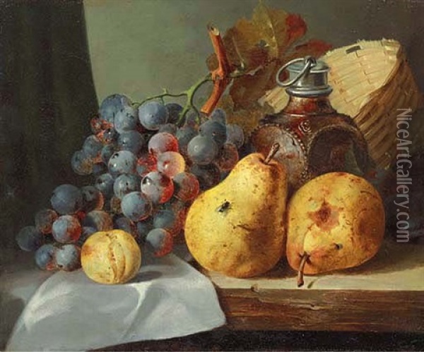 Pears, Grapes, Plums, A Greengage, A Stoneware Flask And A Wicker Basket On A Wooden Ledge Oil Painting - Edward Ladell