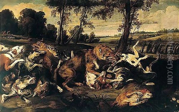 A River Landscape With Hounds Attacking Wolves, Huntsmen Emerging From A Wood Beyond Oil Painting - Frans Snyders