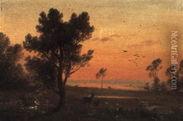 Two Deer In A Landscape Oil Painting - Albert Bierstadt