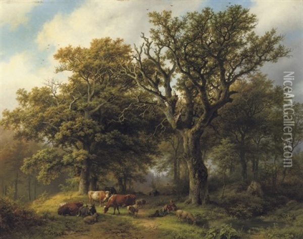 Een Boomrijk Landschap Met Koeiyen, En Schapen Bij Middagstond Oil Painting - Barend Cornelis Koekkoek